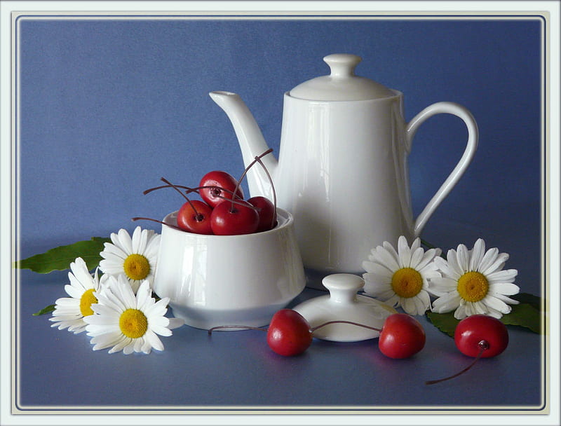 still life, cherries, bonito, fruit, graphy, nice, jug, flowers, drink, tea pot, bowl, blue, harmony, daisies, cool, white, daisy, HD wallpaper