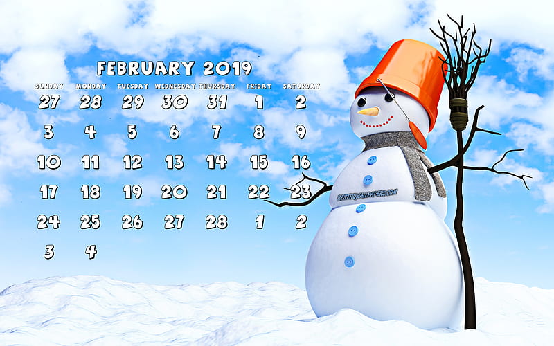 Calendar February 2019 winter landscape, snowman, 2019 calendar, February 2019, calendar with snowman, HD wallpaper