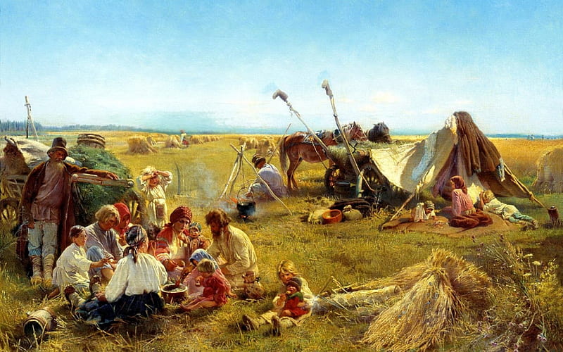 Peasants lunch, art, people, painting, summer, Makovsky, field, HD wallpaper
