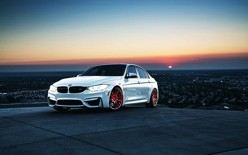 BMW M3, 2018, white sports sedan, tuning m3, m package, red wheels, German cars, white m3, BMW, HD wallpaper
