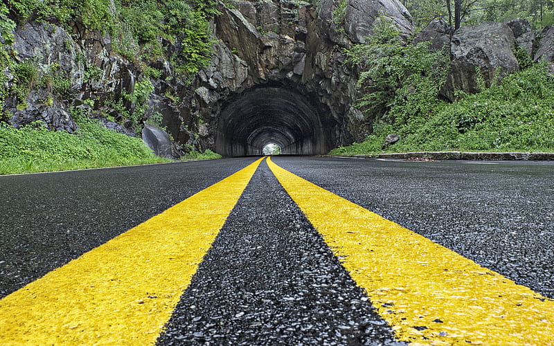 tunnel in the rock, asphalt road, yellow lines on the road, rocks, mountain road, USA, HD wallpaper