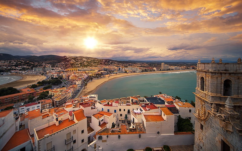 Valencia, cityscape, beach, bay, sunset, evening, Mediterranean Sea, Spain, HD wallpaper