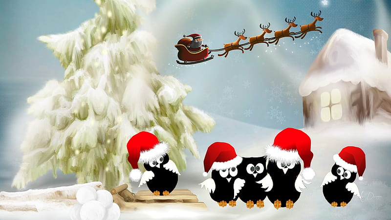 Christmas Owls, Christmas, house, birds, Santa Claus, trees, sled, owls, winter, reindeer, Firefox Persona theme, HD wallpaper
