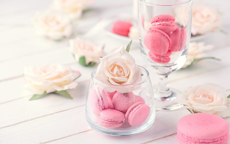 :), jar, macaroon, rose, pink, flower, cookie, card, HD wallpaper