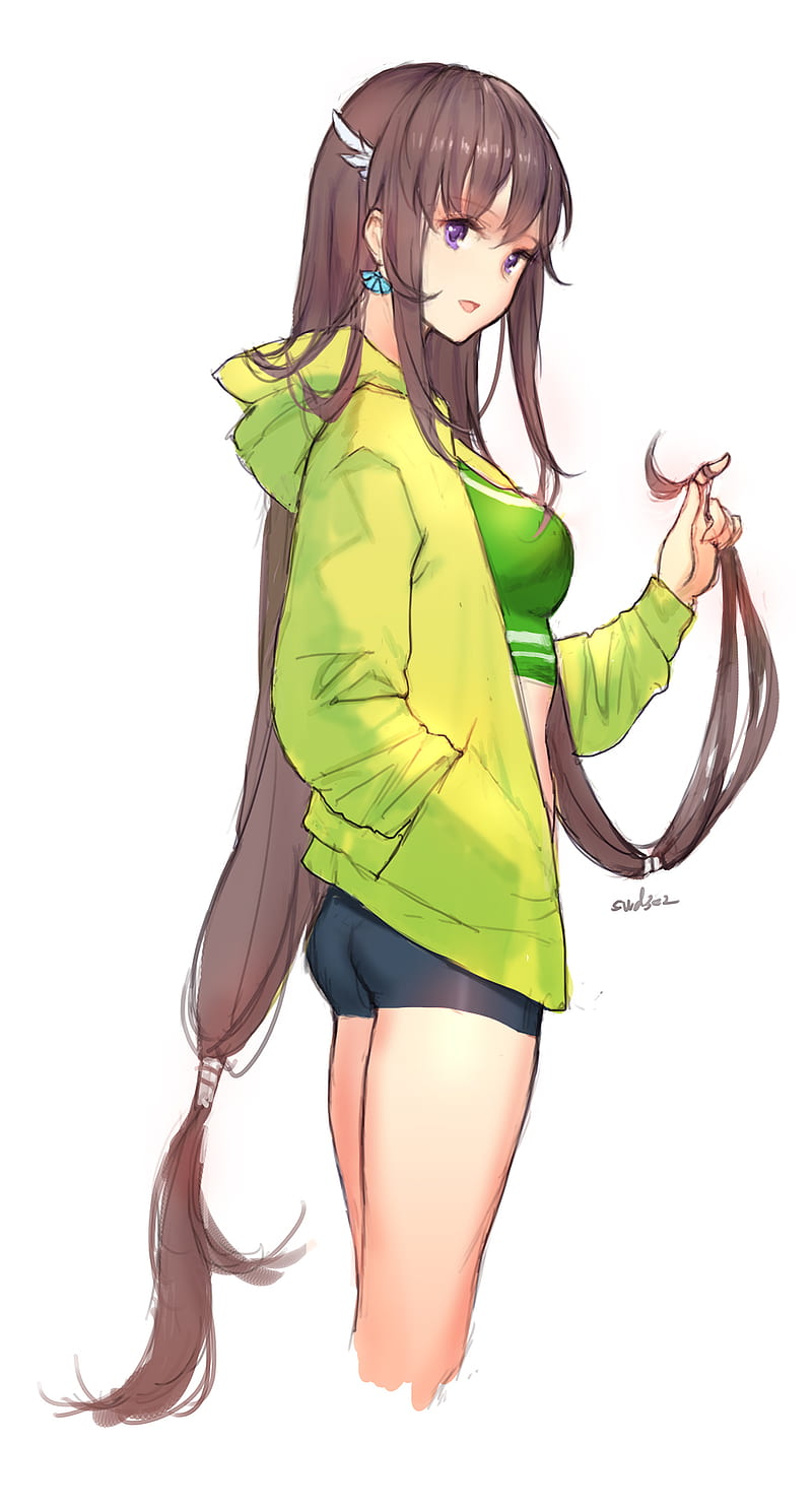 Brown hair anime girl with green eyes, a black crop top, and black jeans  with a yellow headband on Craiyon