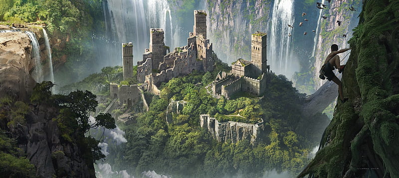 Ruins, fantasy, luminos, green, waterfall, florent llamas, ruin, castle, world, man, climb, HD wallpaper