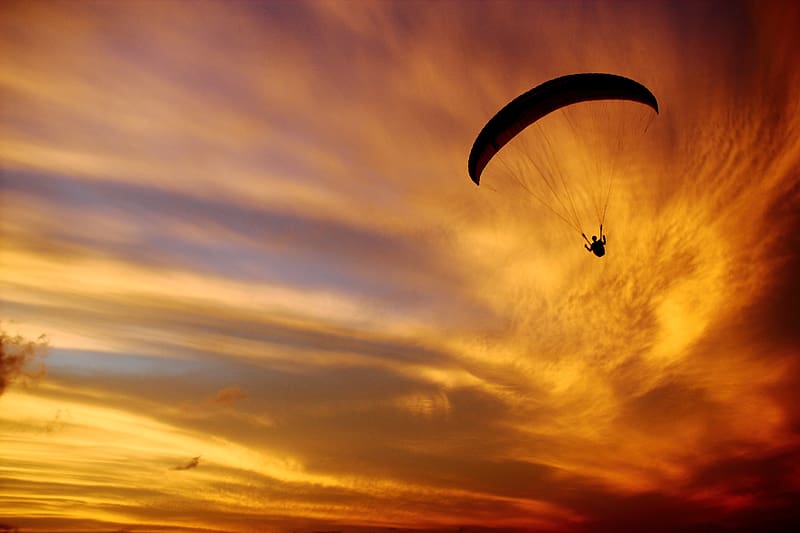 paraglider, silhouette, sunset, dark, HD wallpaper