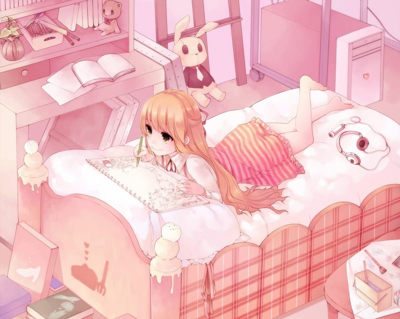 Pink Room, pretty home, book, bedroom, bonito, bed, sweet, nice, anime, beauty, anime girl, pink, pillow, female, lovely, cute, kawaii, girl, lay, drawing, laying, HD wallpaper