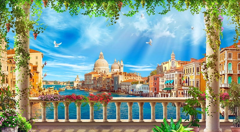 View of Venice, sun, view, town, bonito, spring, sky, terrace, sea, Venice, paradise, rays, summer, flowers, HD wallpaper