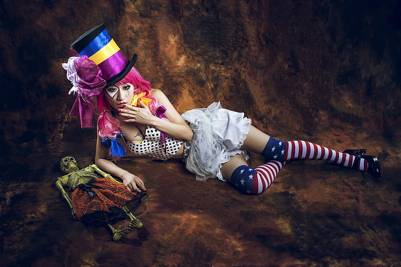 Clown, girl, model, toy, asian, woman, pink, hat, HD wallpaper