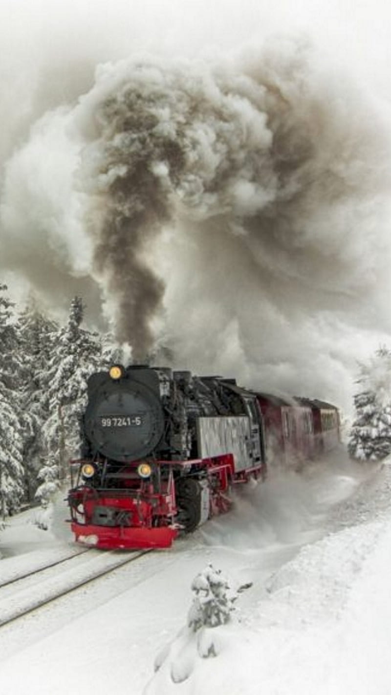TrainInSnow, train, locomotive, snow, traintracks, trains, steam, track, winter, HD phone wallpaper