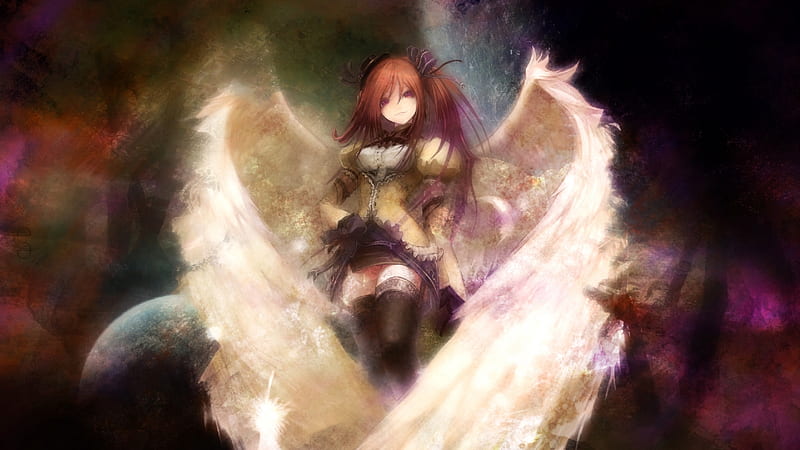 enclosed in my wings, pretty, wings, girl, redhead, anime, bonito, feathers, HD wallpaper