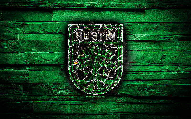 Austin FC, burning logo, MLS, green wooden background, american football club, FC Austin, grunge, football, soccer, Austin logo, Austin, USA, HD wallpaper
