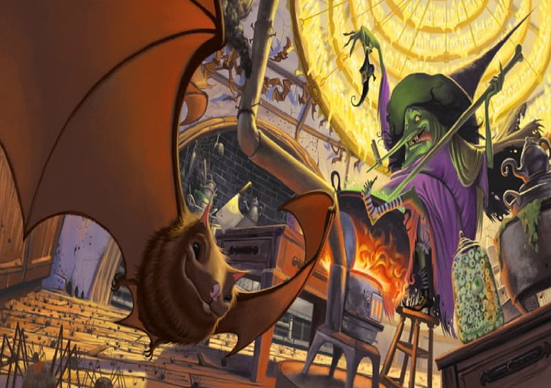 Witch Cooking Up A Brew, witch, shoe, bats, halloween, HD wallpaper