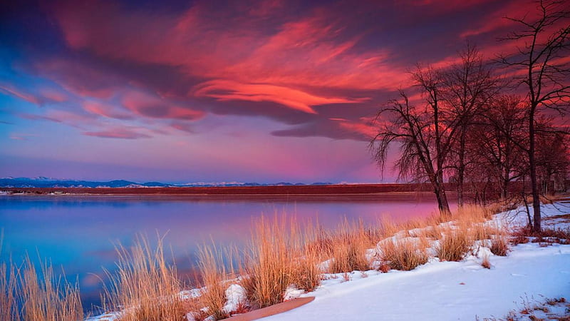 Spectacular red sunrise over a lake, red, shore, sunrise, clouds, lake ...