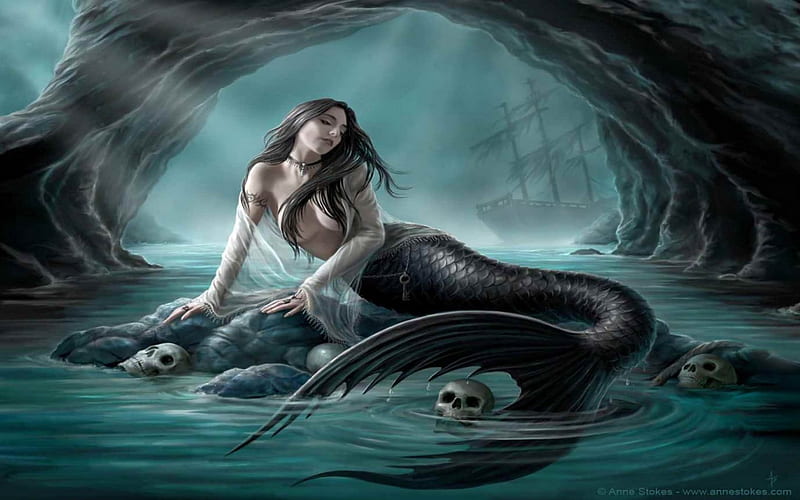 On the dark side, skulls, fantasy, mermaid, cave, sea, HD wallpaper