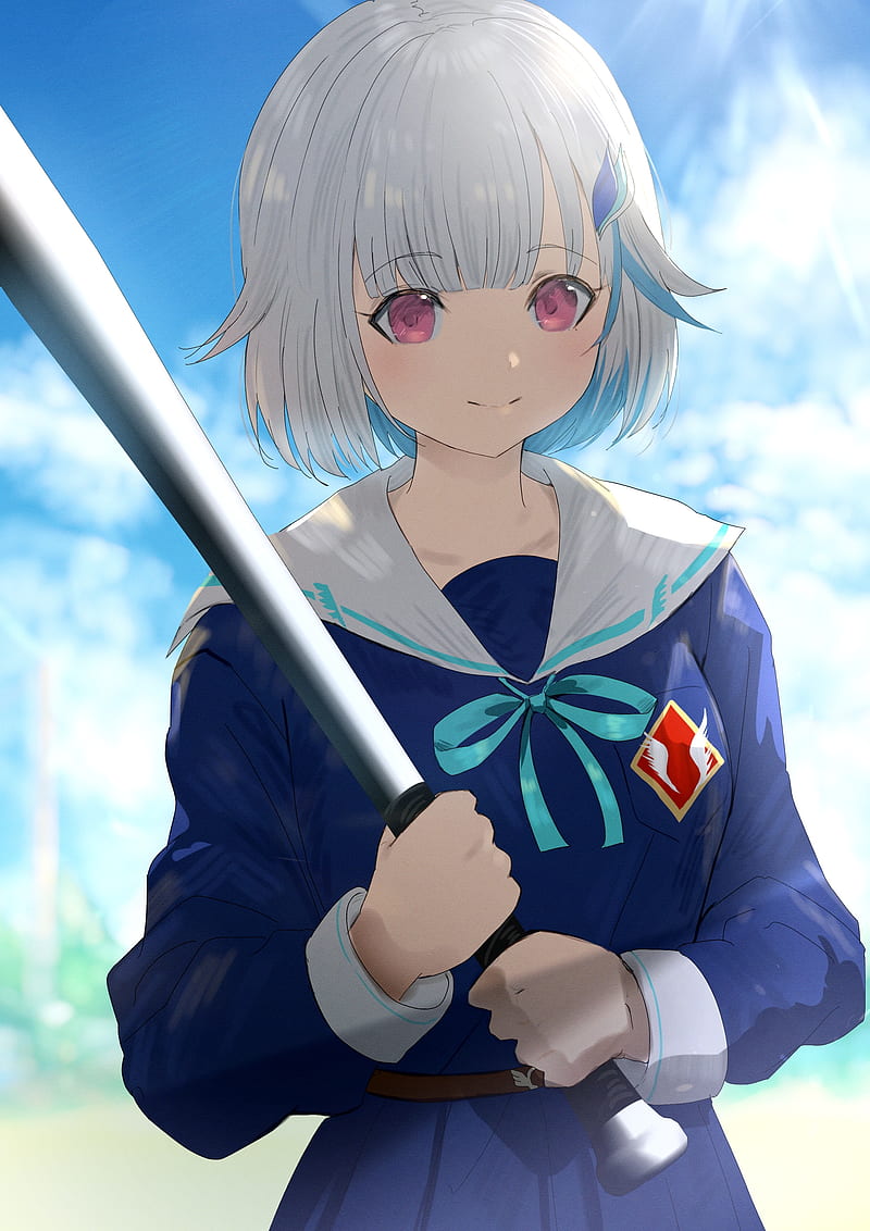 anime school girl, baseball bat, white short hair, school uniform, Anime, HD phone wallpaper