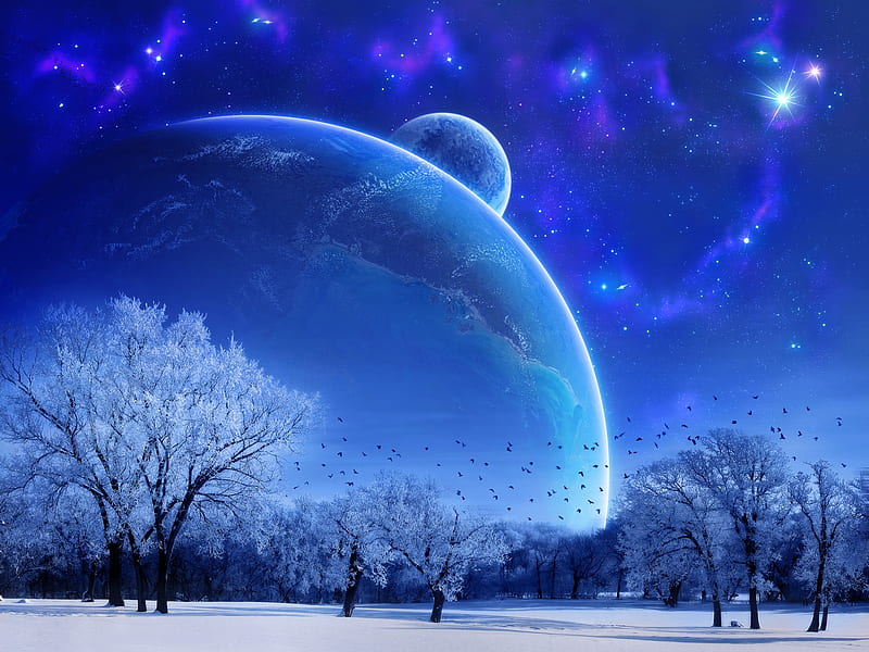 Planet blue, world, space, bonito, moon, blue, art, moons, birds, sky, trees, abstract, winter, galaxy, 3d, planet, snow, dark, HD wallpaper