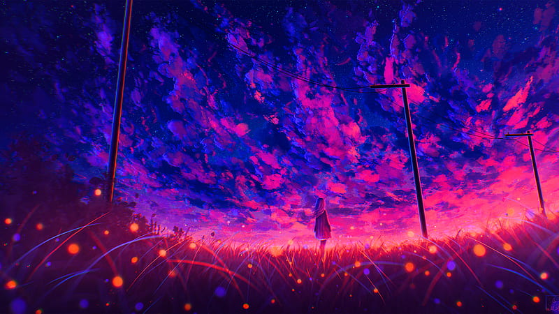Sunset Pink Blue Clouds Sky Anime Girl Anime Gril, HD wallpaper | Peakpx