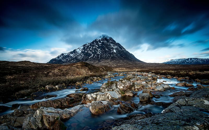 Snow Mountain River Evening Glencoe UK, HD wallpaper