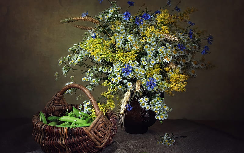 Summer Still Life, still life, basket, peas, flowers, vase, HD wallpaper