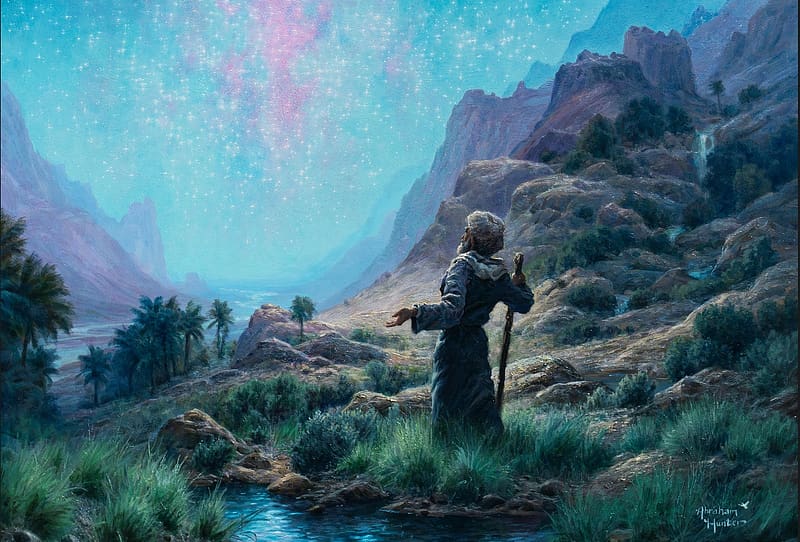 Father Abraham, bible, artwork, fog, painting, plants, man, landscape, rocks, HD wallpaper