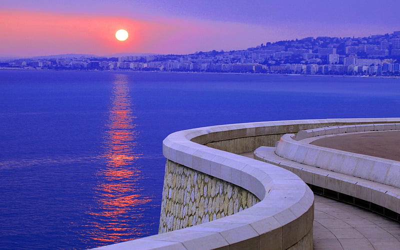 FABULOUS SUNSET, cote d azur, the sea, france, the sunset, french riviera, the city, the promenade, HD wallpaper