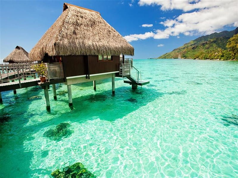 Paradise Island, beach, Bungalow, Green Lagoon, Summer, Vacation, HD wallpaper