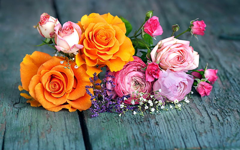 flower decoration, orange rose, flower buds, pink roses, spring, HD wallpaper