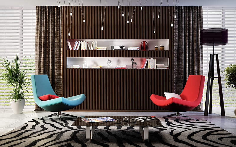 stylish interior, shelves for books, living room, stylish modern armchairs, modern design, HD wallpaper
