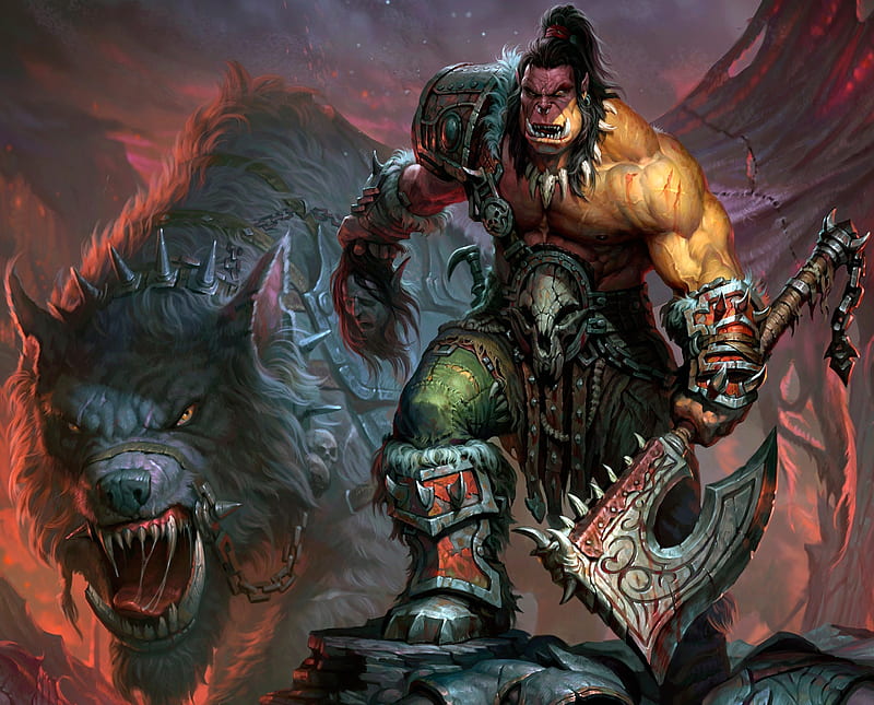 Warcraft Hero, grom, orc, wolf, world of warcraft, HD wallpaper