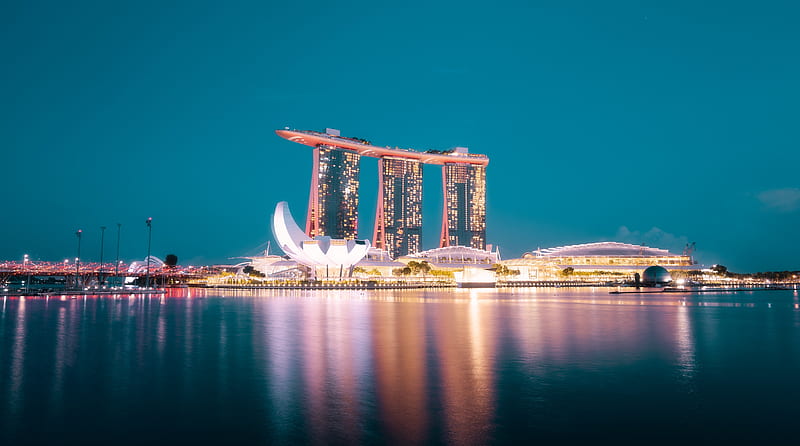 Singapore City Skyline Ultra, City, bonito, Urban, Reflection, Evening, Skyline, Singapore, HD wallpaper