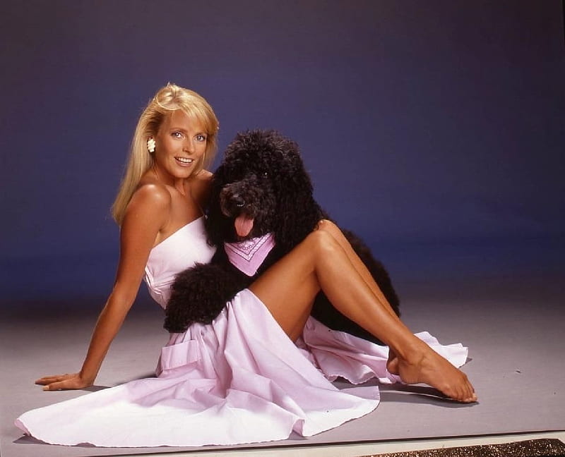 Cheryl Ladd, black poodle on her lap, blonde, white dress, earrings, jewelry, HD wallpaper