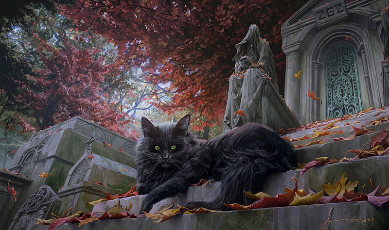 Balerion, art, tree, fantasy, luminos, game of thrones, pisici, cat, joshua cairos, HD wallpaper