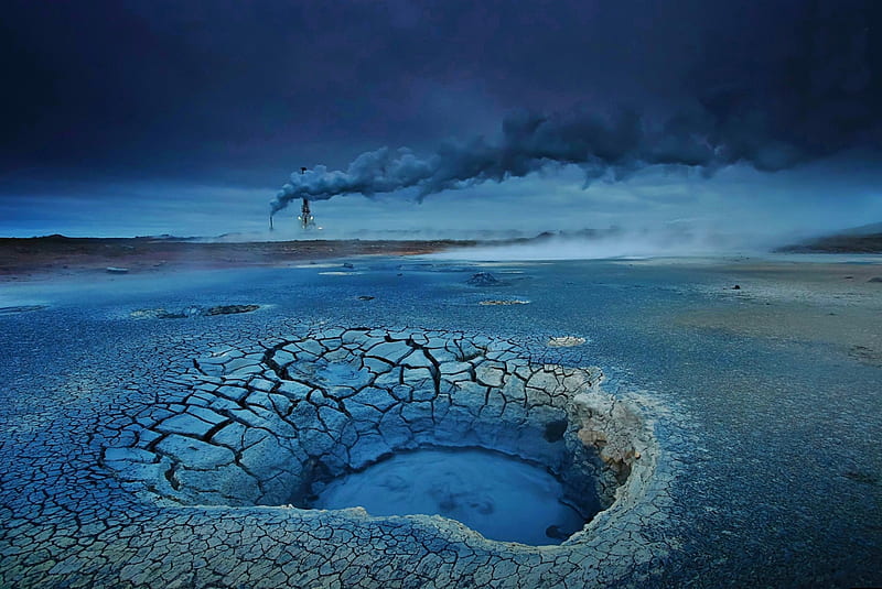 Alien Environment At 01 a.m., Iceland, desert, polution, hole, nocturnal, bonito, fog, geyser, fireplace, volcanic, smoke, factory, field, HD wallpaper