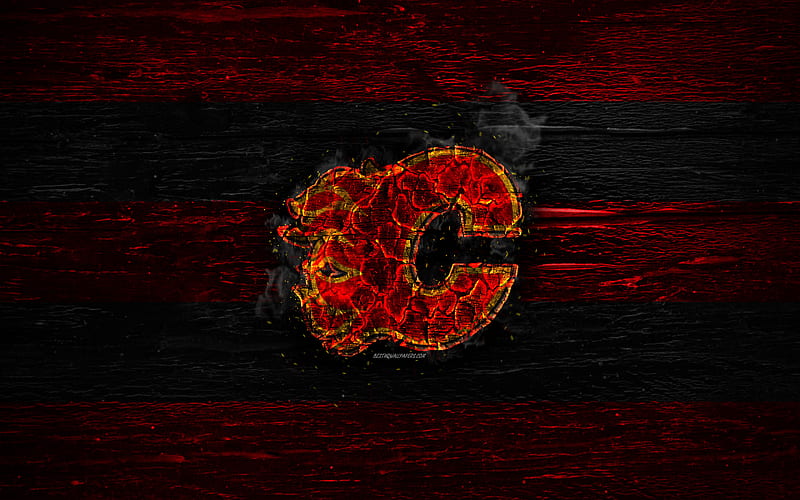 Calgary Flames, fire logo, NHL, red and black lines, american hockey team, grunge, hockey, logo, Calgary Flames , Western Conference, wooden texture, USA, HD wallpaper