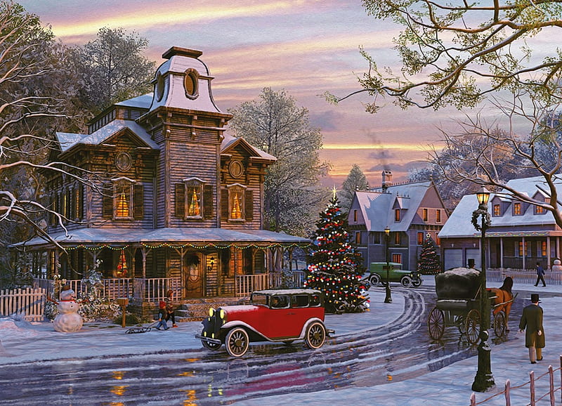 DRIVING HOME FOR CHRISTMAS, HOMES, CARS, WINTER, CHRISTMAS, SNOW, TREES, HD wallpaper