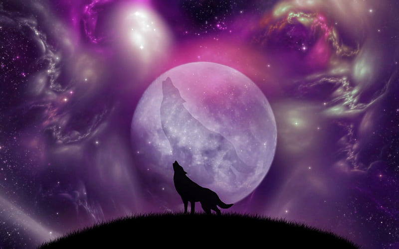 Dancing on the moon, space, bonito, howl, fantasy, moon, purple, universe, dance, wolf, HD wallpaper