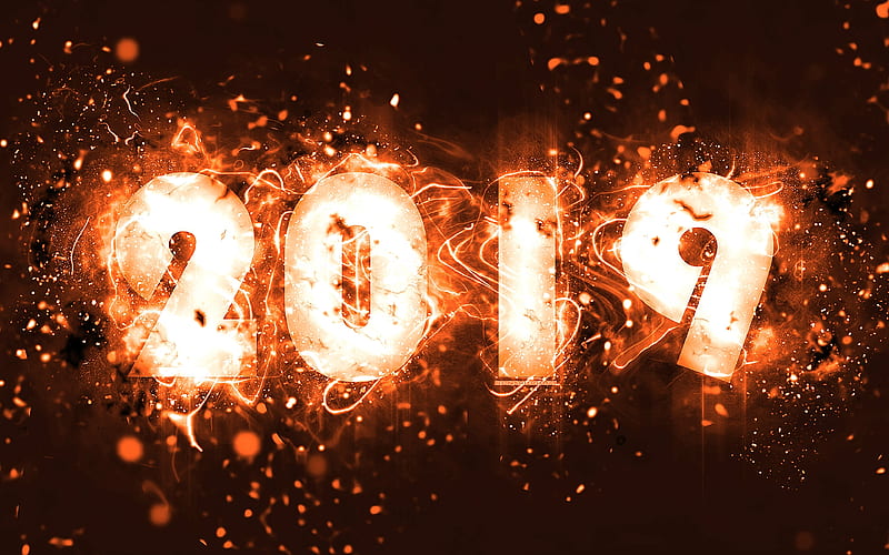 2019 year, neon lights, abstract art, 2019 concepts, otange background, creative, Happy New Year 2019, HD wallpaper