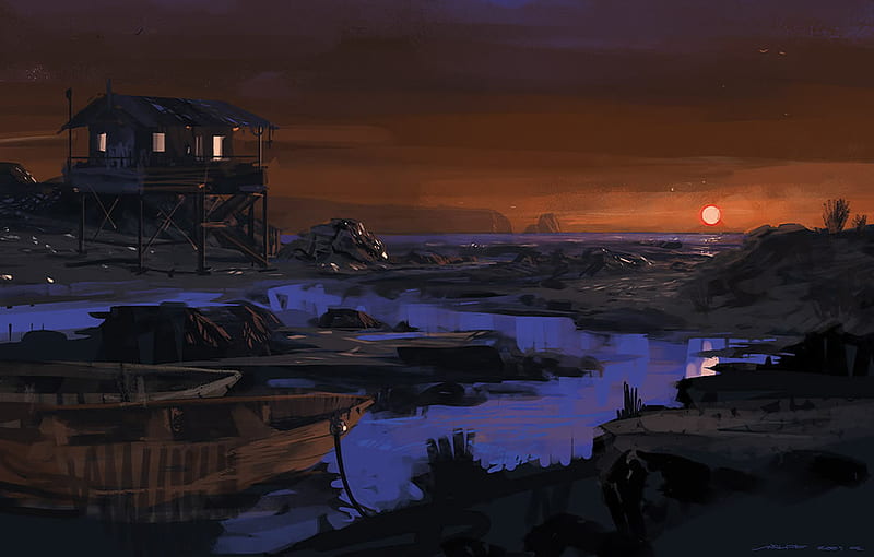 Fishermens Sunset, art, shore, shack, ocean, home, sunset, sea, boat, painting, fishing, HD wallpaper