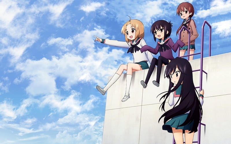 Roof Top, roof, uniform, anime, girls, school girls, black hair, HD wallpaper