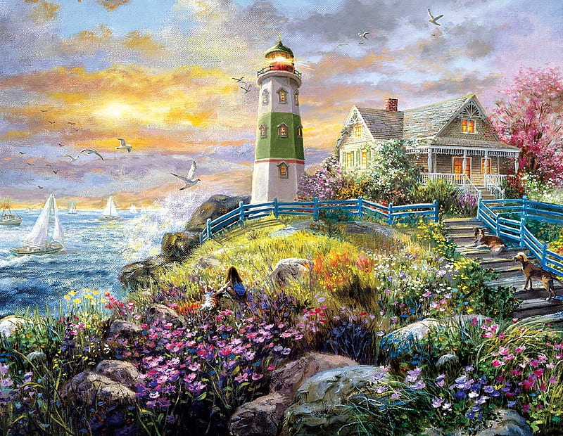 Lighthouse Memories, home, painting, ocean, lighthouse, jigsaw, HD wallpaper