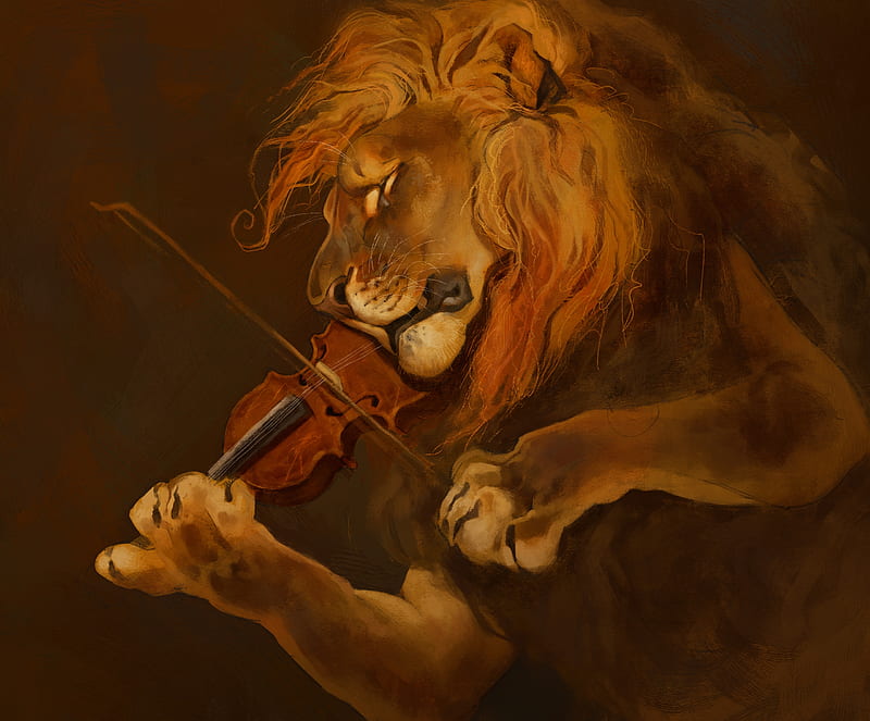Fiddler, instrument, violin, orange, leu, paw, pixxus, lion, art, luminos, fantasy, HD wallpaper