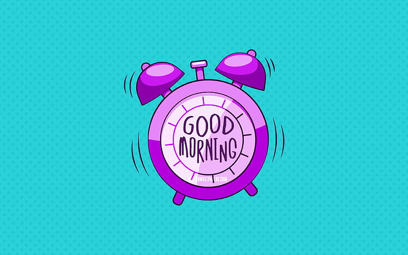 Good Morning, violet alarm clock blue dotted backgrounds, creative, good morning concepts, minimalism, good morning with clock, HD wallpaper