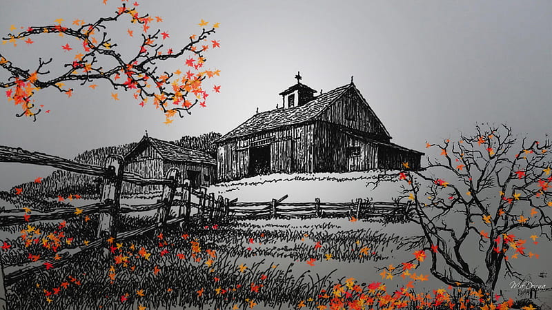 Country Fall in Black, White and Color, fence, fall, , autumn, drawing, country, trees, barn, HD wallpaper