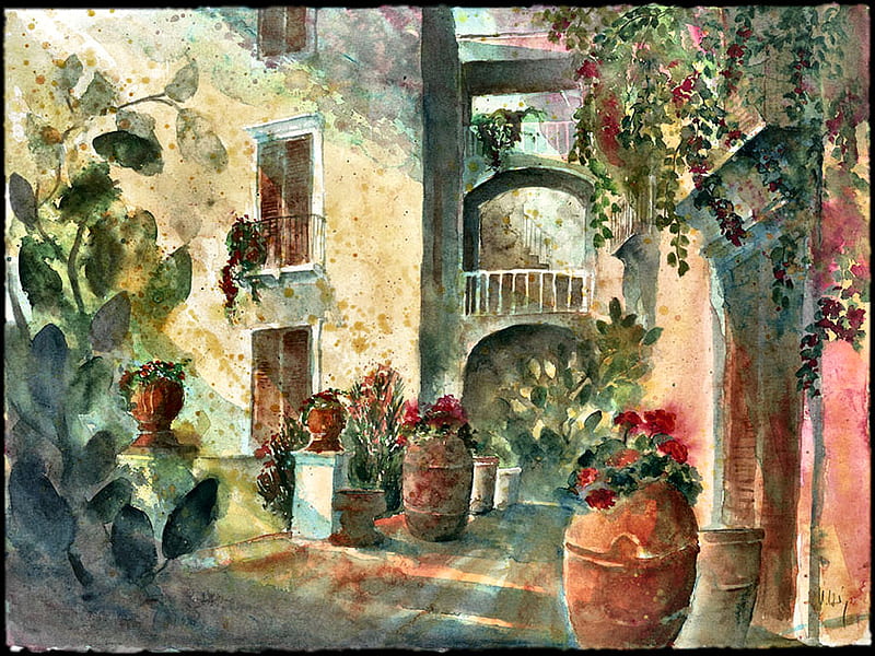 Palazzo, art, cityscape, painting, flowers, garden, alleyway, scenery, artwork, HD wallpaper