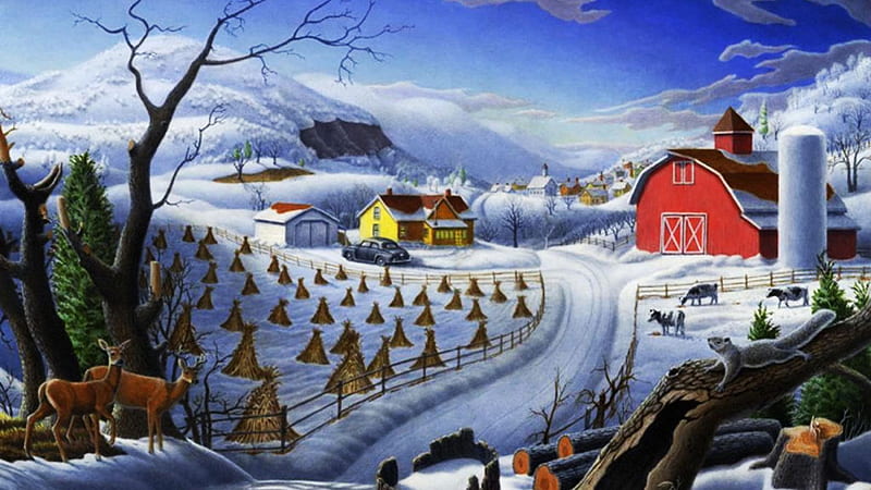 Winter Wonderland, snow, road, artwork, barn, landscape, deer, HD wallpaper