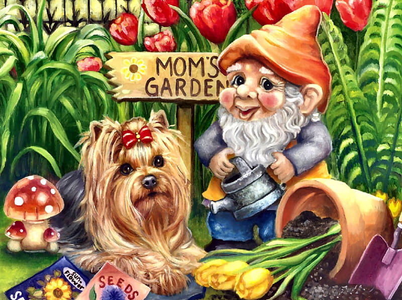 Yorkshire Terrier and Gnome F1, art, gnome, toadstool, artwork, painting, wide screen, flowers, garden, tulips, scenery, landscape, HD wallpaper