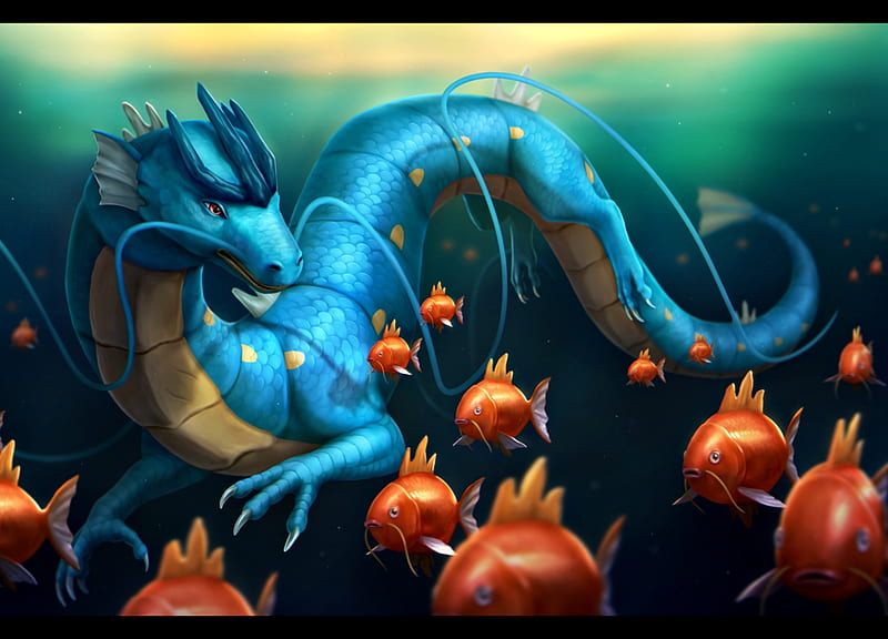 Dragon, underwater, chiakiro, fantasy, visiting home, luminos, orange, blue, HD wallpaper