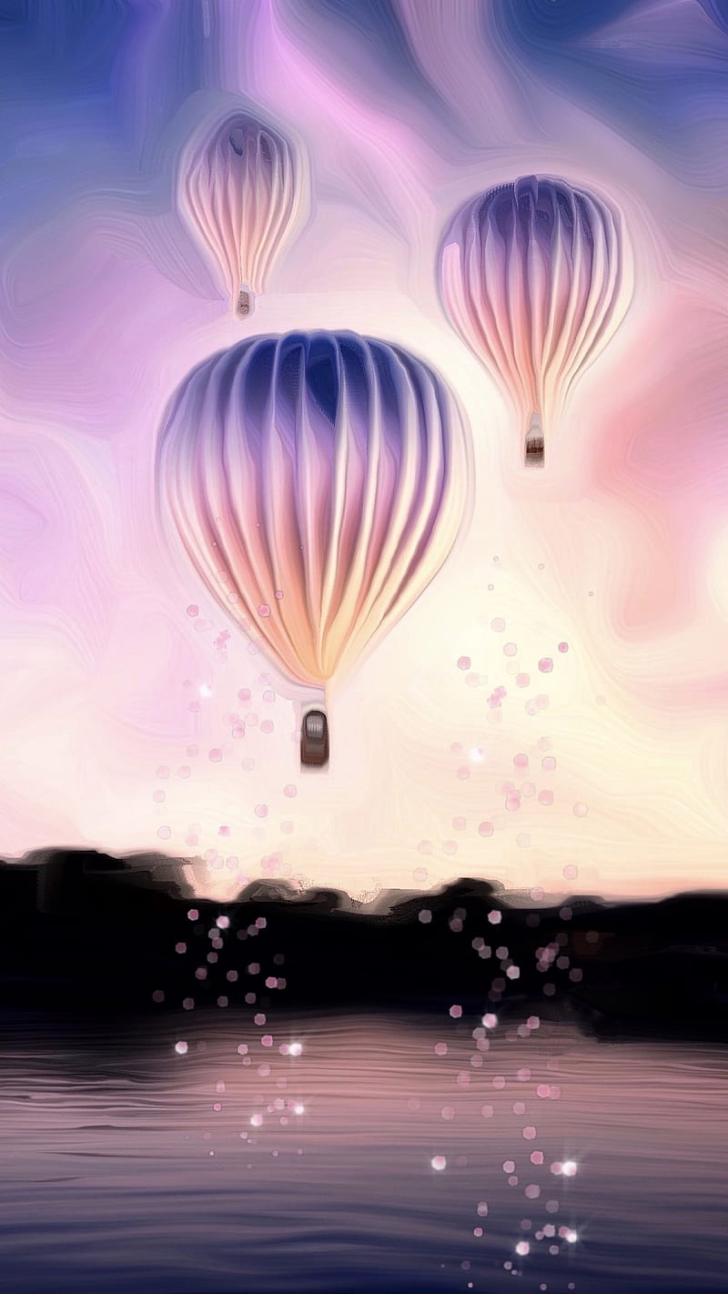 “Balloon Ride”, ColetteLrsn, balloon ride, cool , hot air balloon, lake, landscape, pastel landscape, sky, sparkle, sunset, “Balloon, HD phone wallpaper